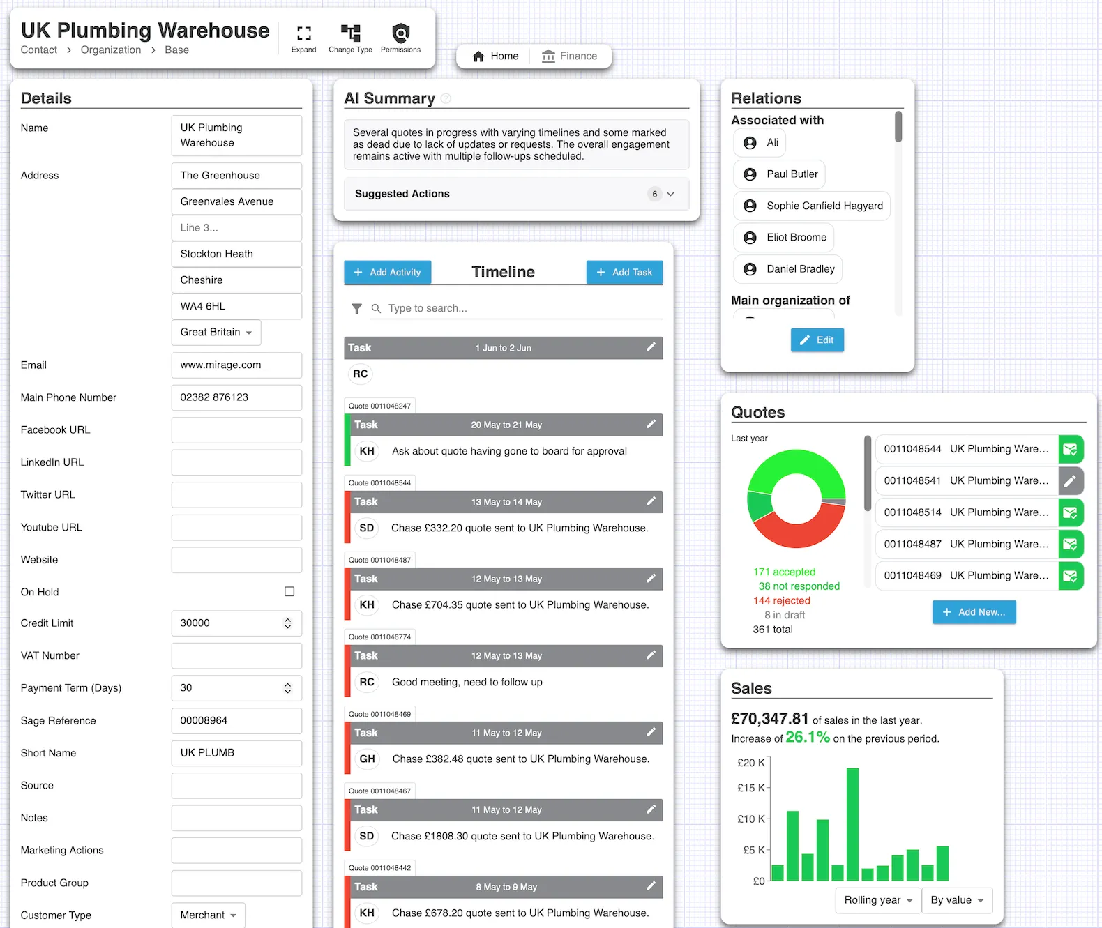 The Mashoom dashboard, showing contacts, quotes, stock and open jobs together on one screen