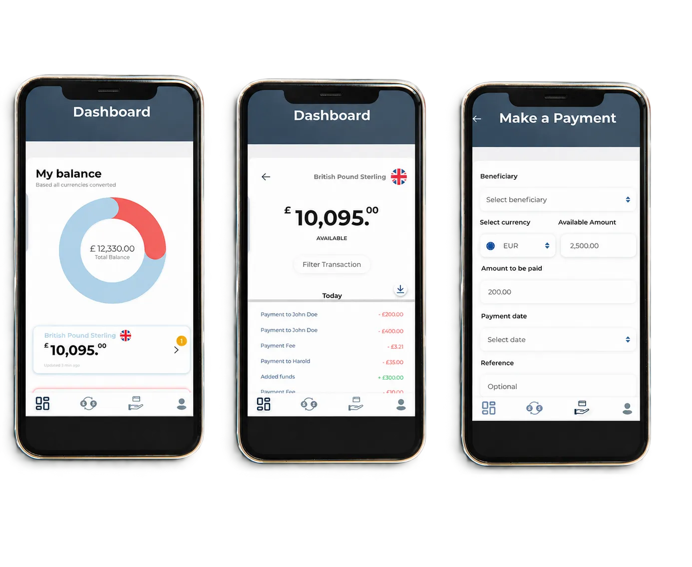 Three mobile app screens side by side, showing a balance, a dashboard and a saved beneficiary