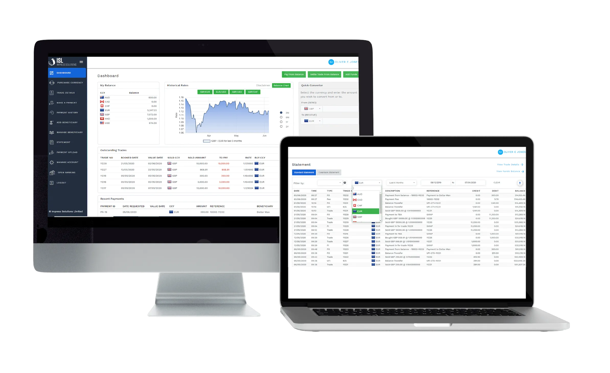 The isCT web portal, showing a client's dashboard alongside a full account statement