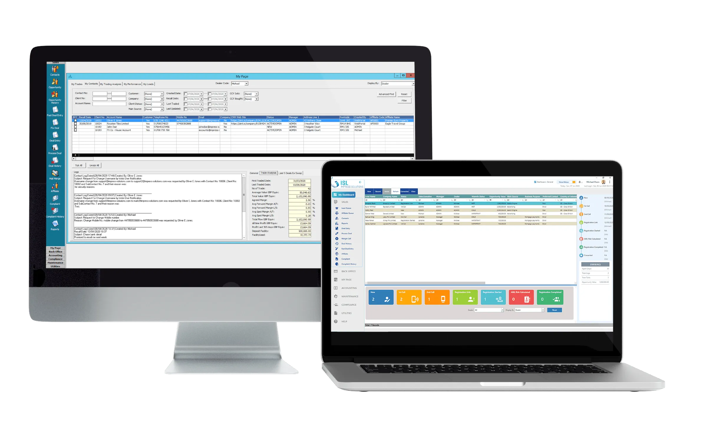 The isCT main screen, with client activity, live positions and the trade blotter open together on one view